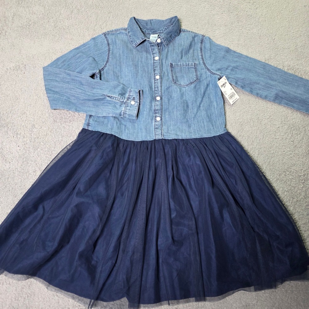 OshKosh Girls Size 12 Denim Tulle Dress Blue Navy Long Sleeve Button Front NEW